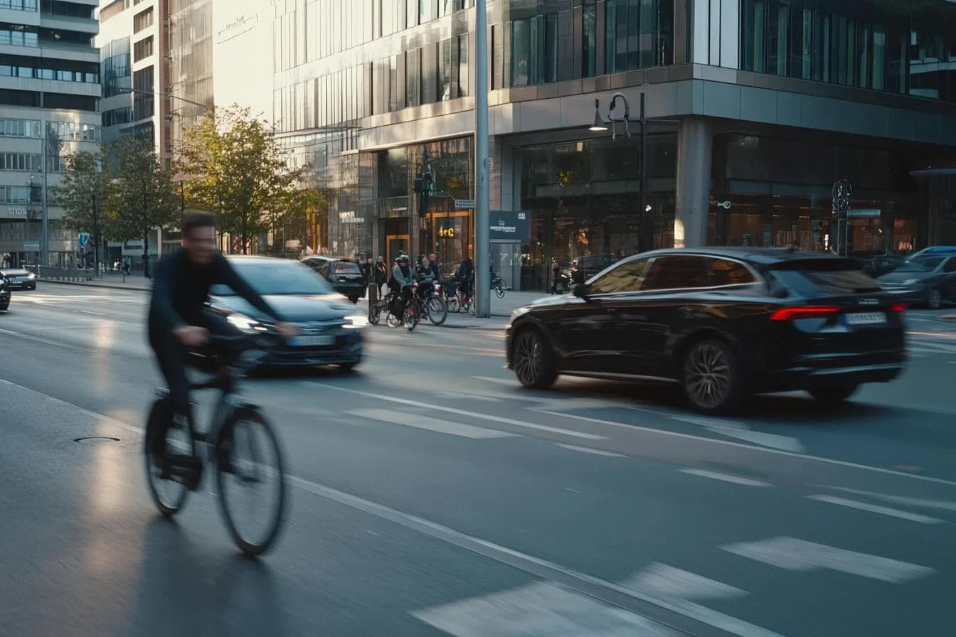 Stradă aglomerată din oraș cu bicicliști și mașini în mișcare la apus