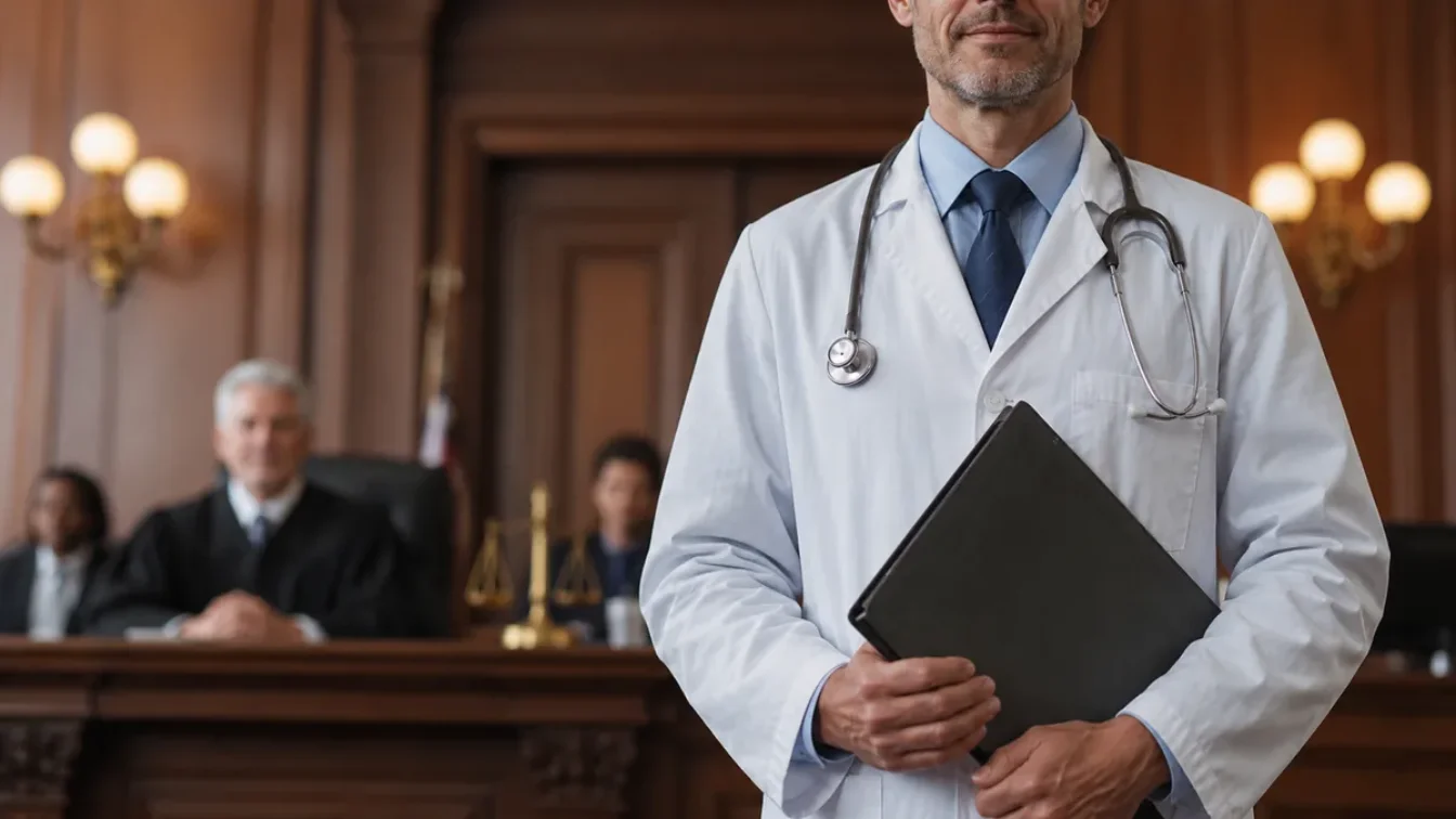 Medic în halat alb cu dosar în mână, într-o sală de judecată
