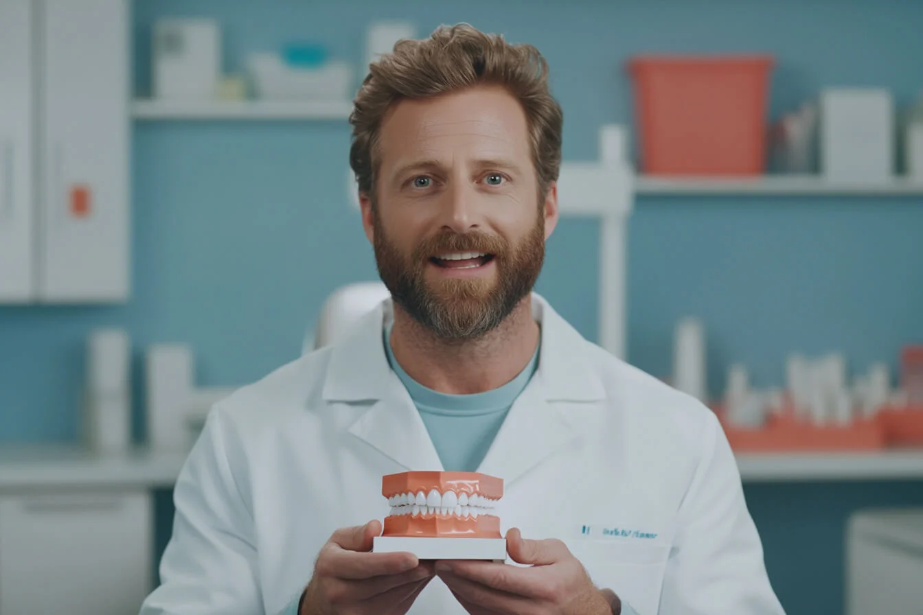 Un stomatolog cu o macheta dentara