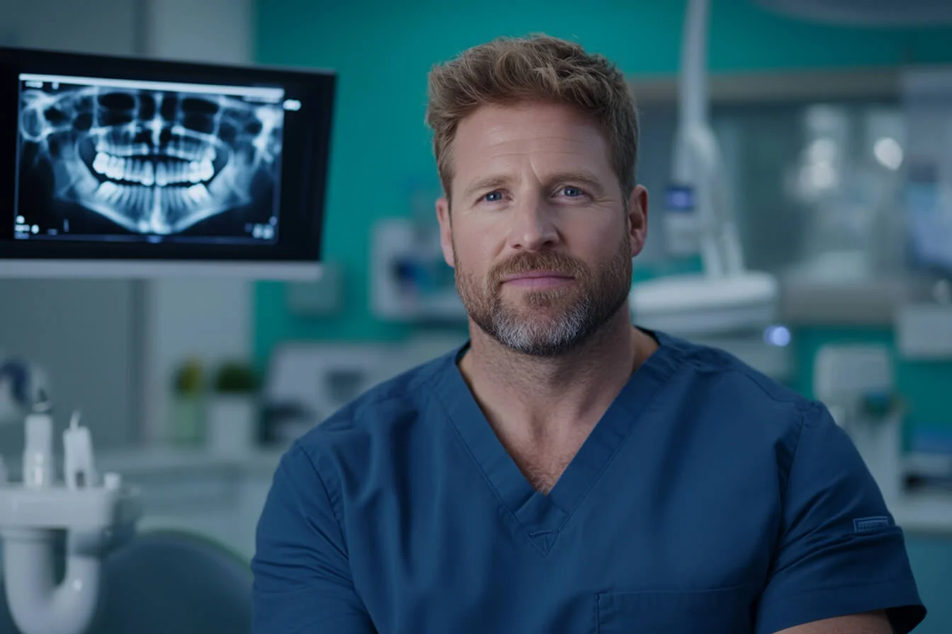 Un stomatolog cu o radiografie dentara in spate