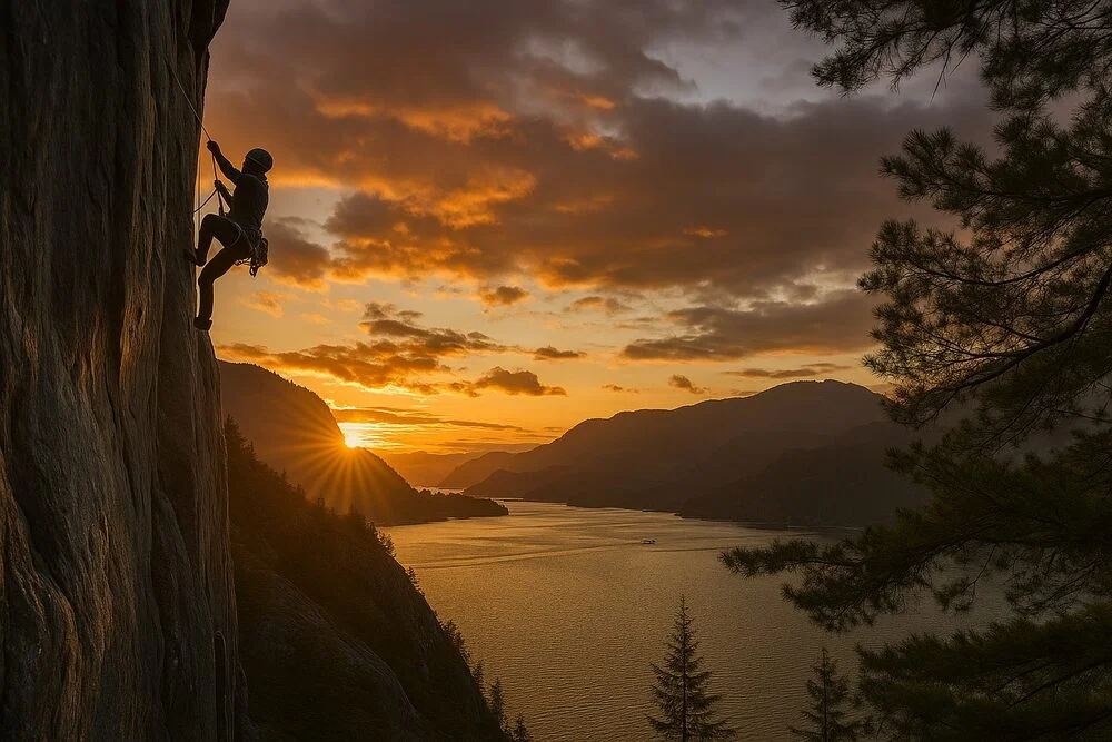 Un alpinist urcand un munte