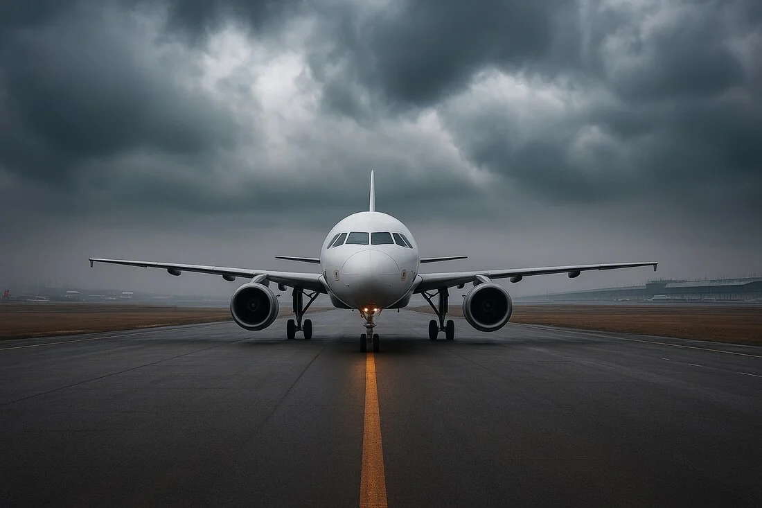 Avion alb pe pista de aterizare sub cerul intunecat