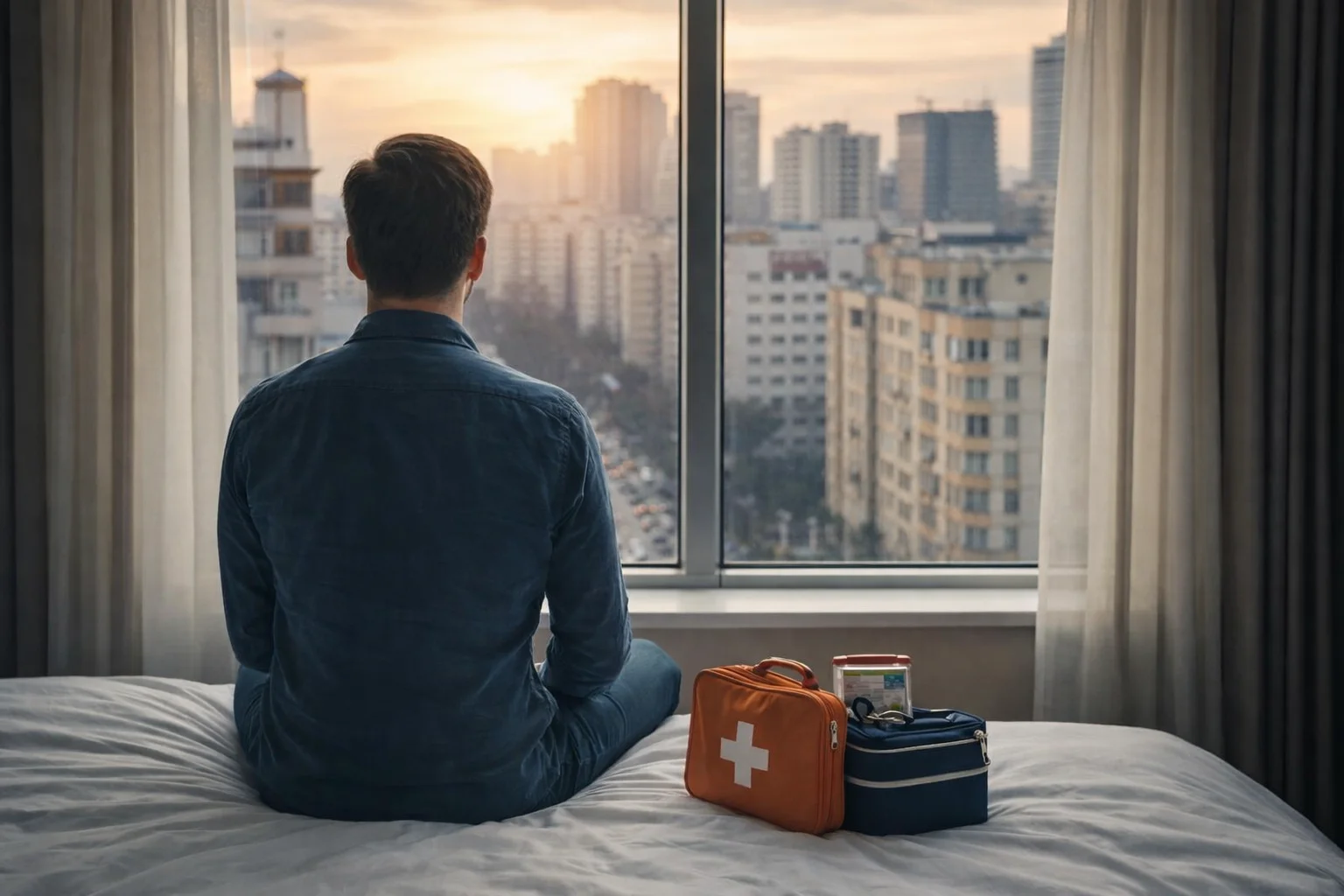 Bărbat stând pe pat în camera de hotel cu geantă de prim ajutor, privind pe geam spre oraș