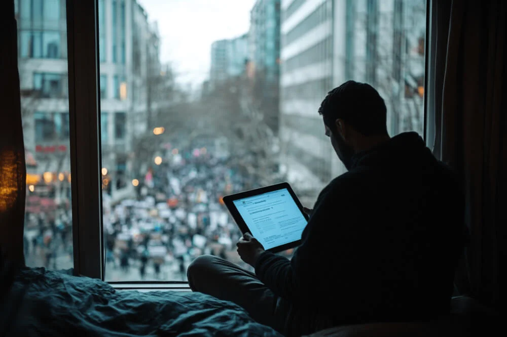 Un barbat citind polita de asigurare in timp ce afara este un protest