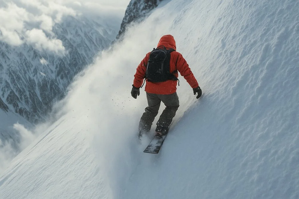 Un barbat cu schiuri pe un munte inzapezit