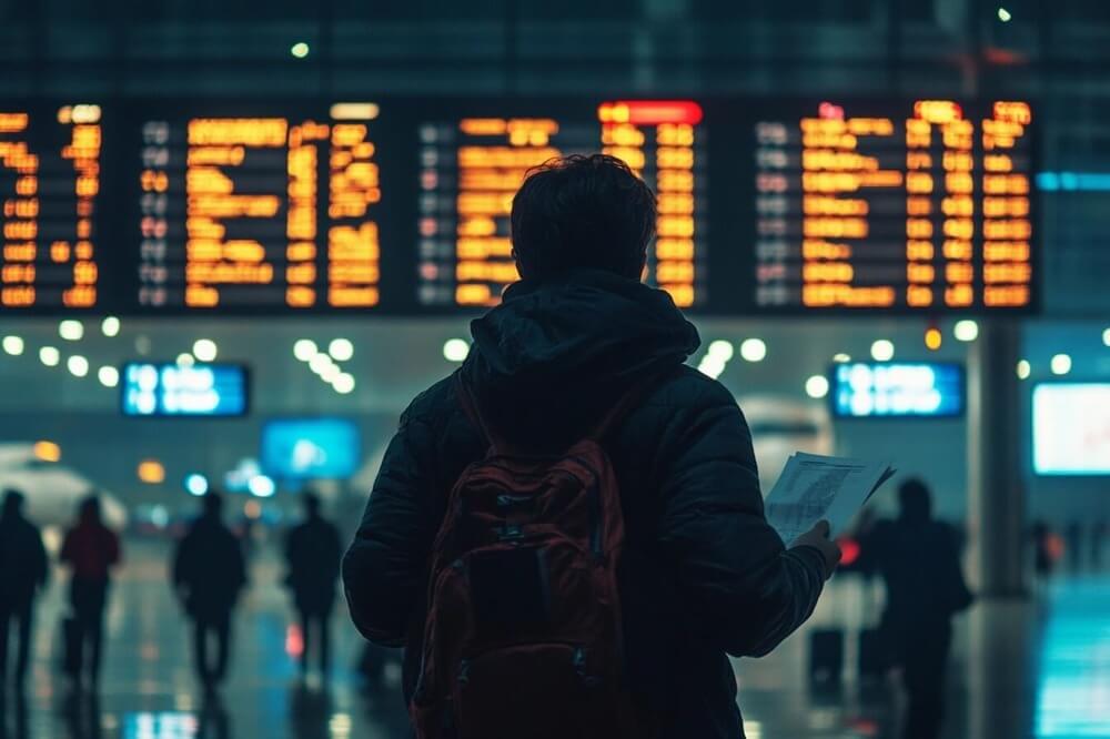 Un barbat intr-un aeroport uitandu-se la panoul cu zboruri anulate