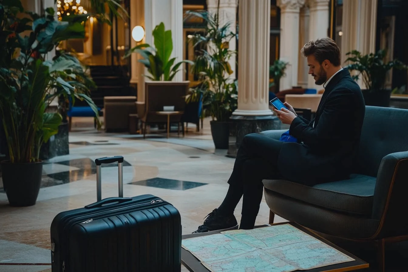 Călător stând în recepția unui hotel elegant, cu bagajul alături, consultând telefonul