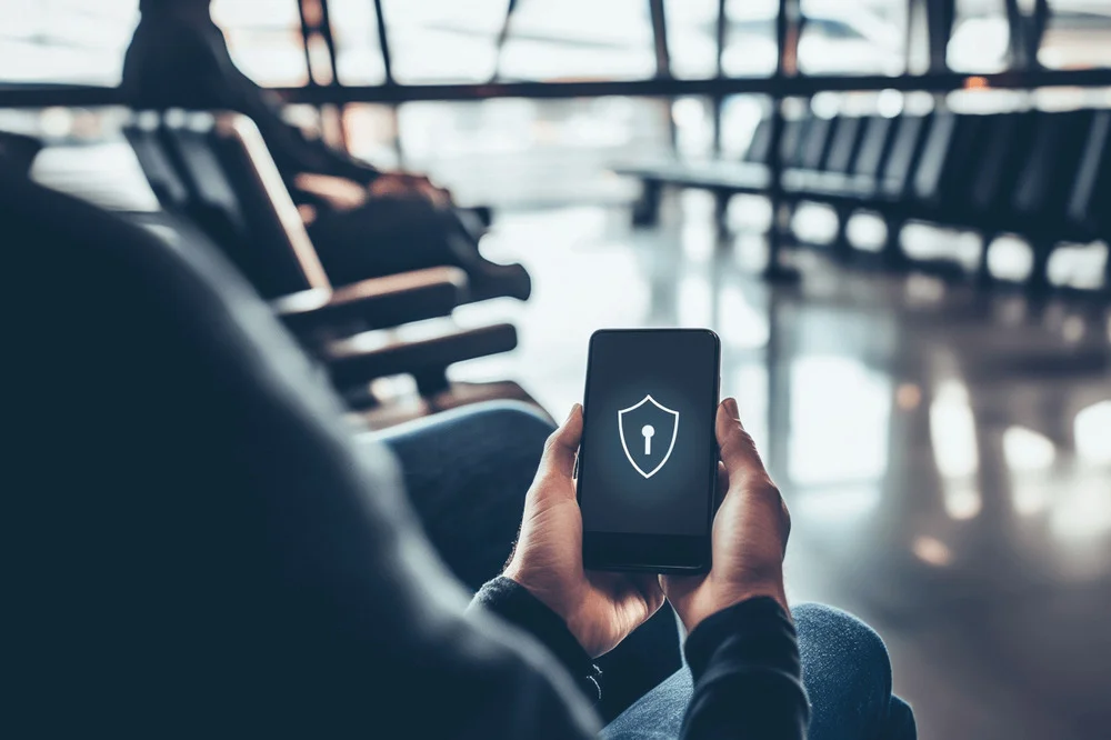 Un calator cu telefonul in mana