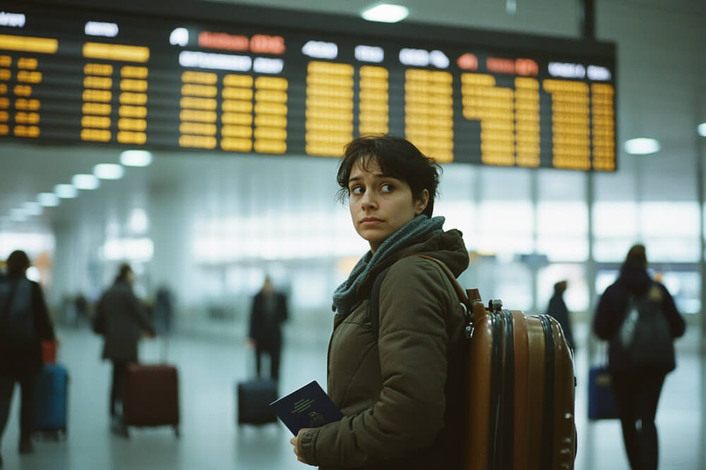 O femeie intr-un aeroprt cu o expresie ingrijorata