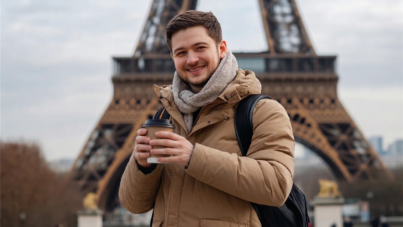 Călător care stă în fața Turnului Eiffel, ținând o cafea și zâmbind, înainte de a explora orașul