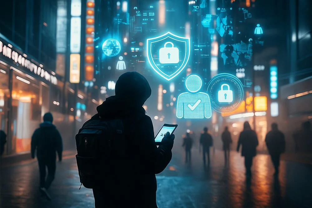 Un calator cu telefonul in mana