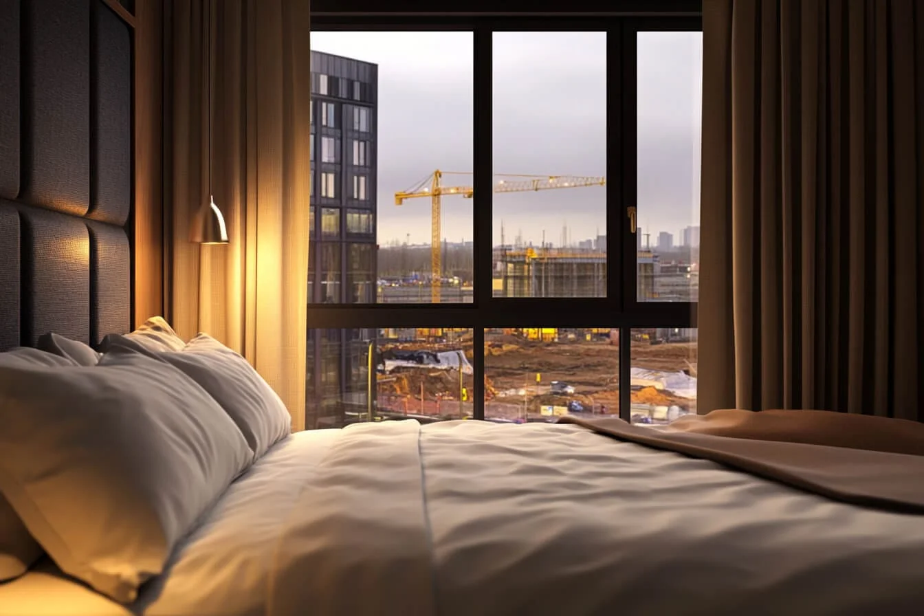Cameră de hotel cu paturi albe și vedere spre un șantier cu macarale prin fereastră