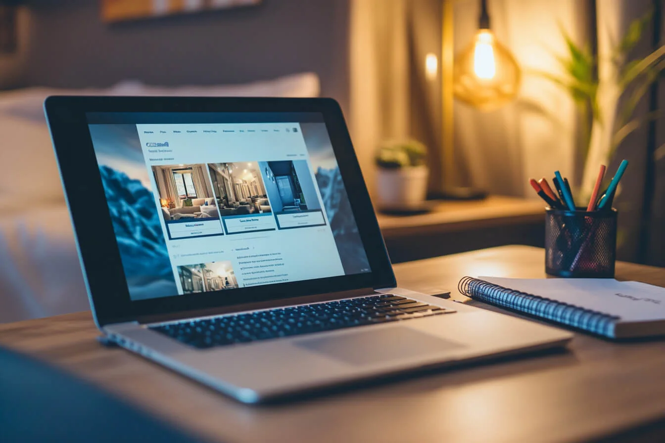 Laptop afișând un site de rezervare cazare, pe un birou cu agendă și pixuri colorate