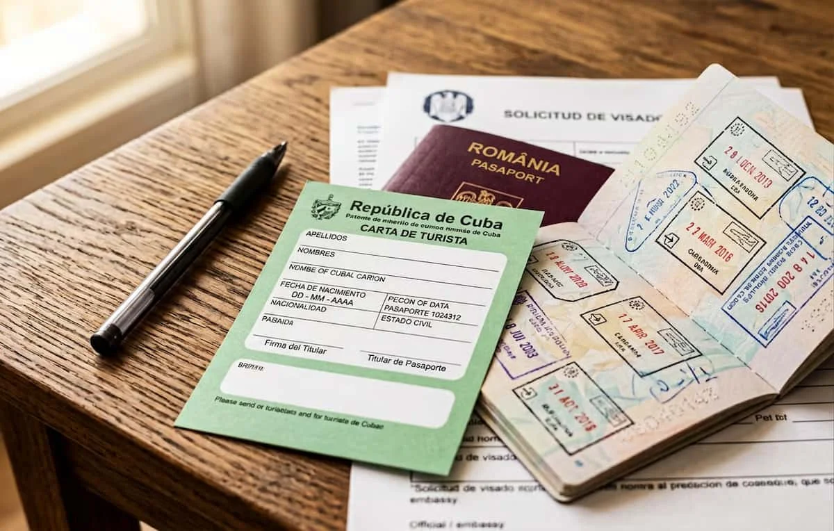 Carta de turista Cuba, pașaport România și documente de viză pe masă
