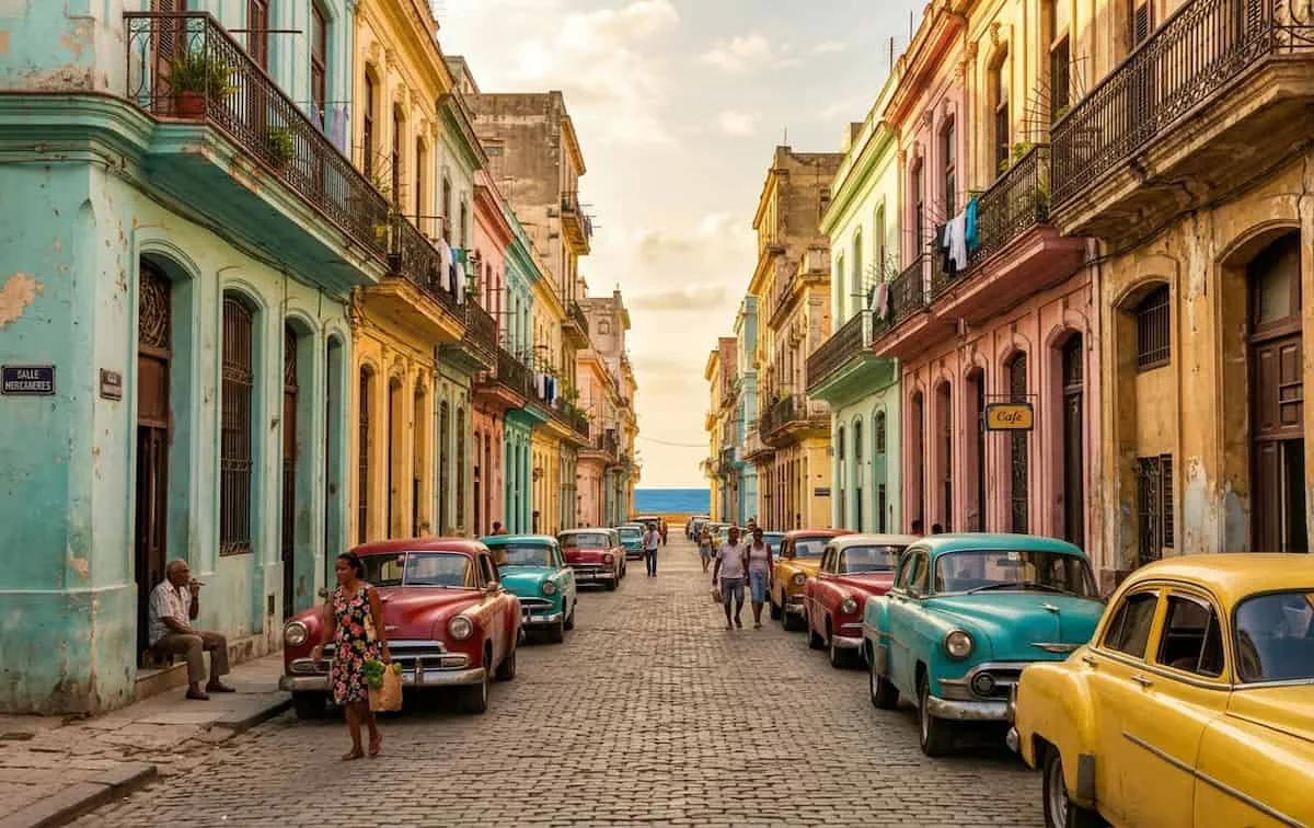 O stradă colorată din Havana, Cuba, cu mașini retro și clădiri coloniale