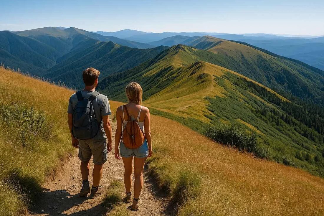 Doua persoane cu rucsaci pe un traseu montan admirand peisajul