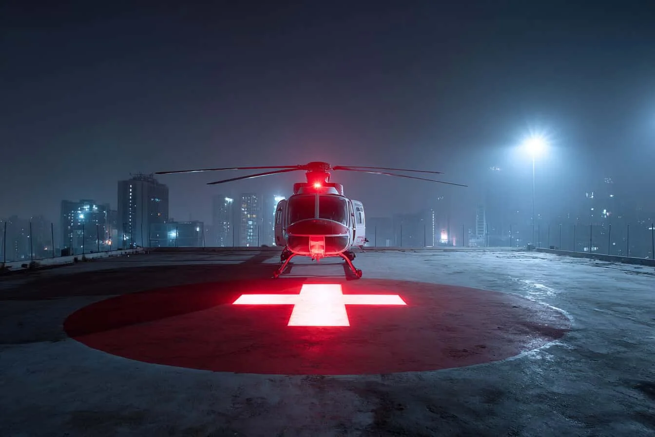 Elicopter medical pe un helioport cu o cruce rosie luminoasa pe asfalt