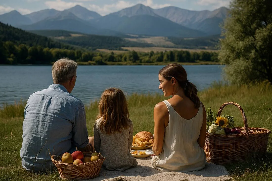 Familie stand-pe o patura langa lac