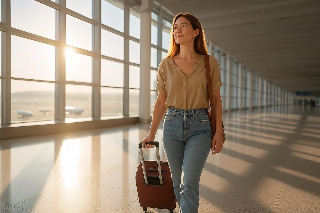 Femeie cu geamăntan roșu pe holul unui aeroport