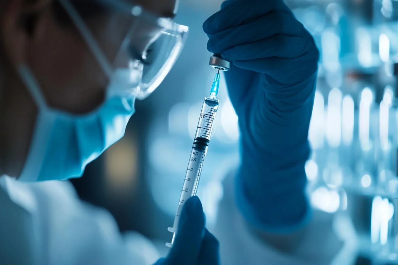 Femeie cu masca extragand vaccin dintr-un flacon cu o seringa