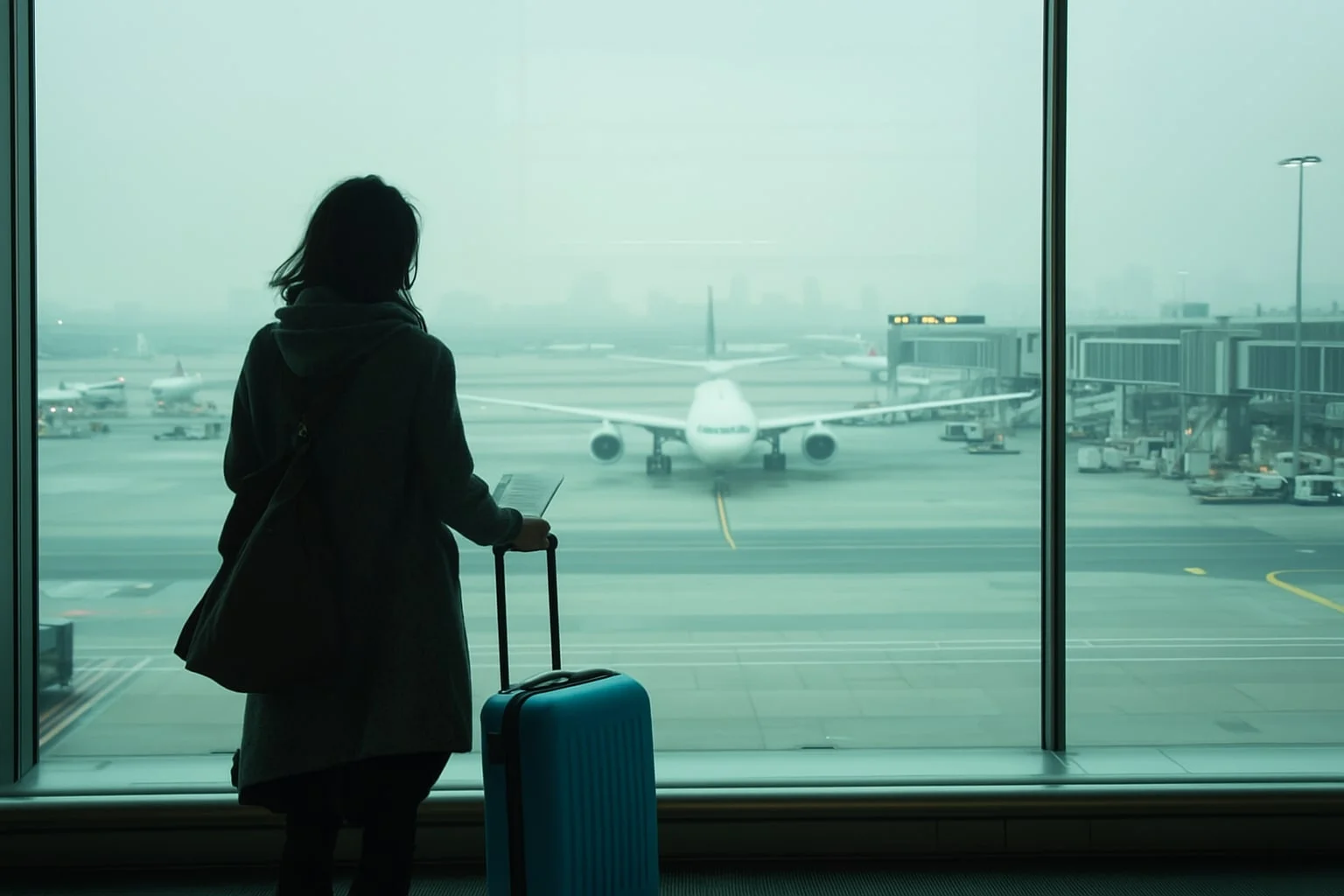 O femeie cu bagaj uitanduse pe geam la un avion