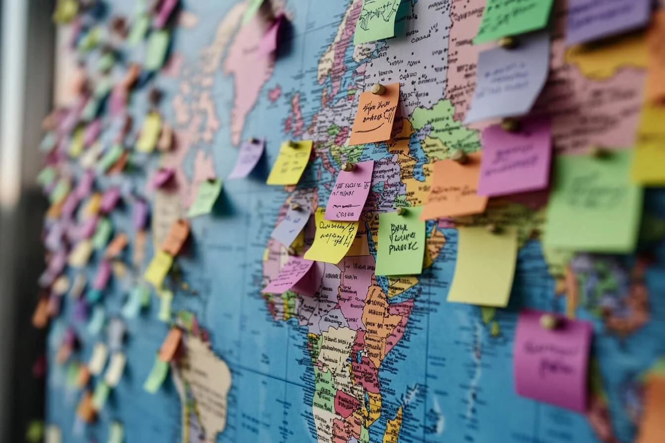Hartă a lumii acoperită cu notițe post-it colorate