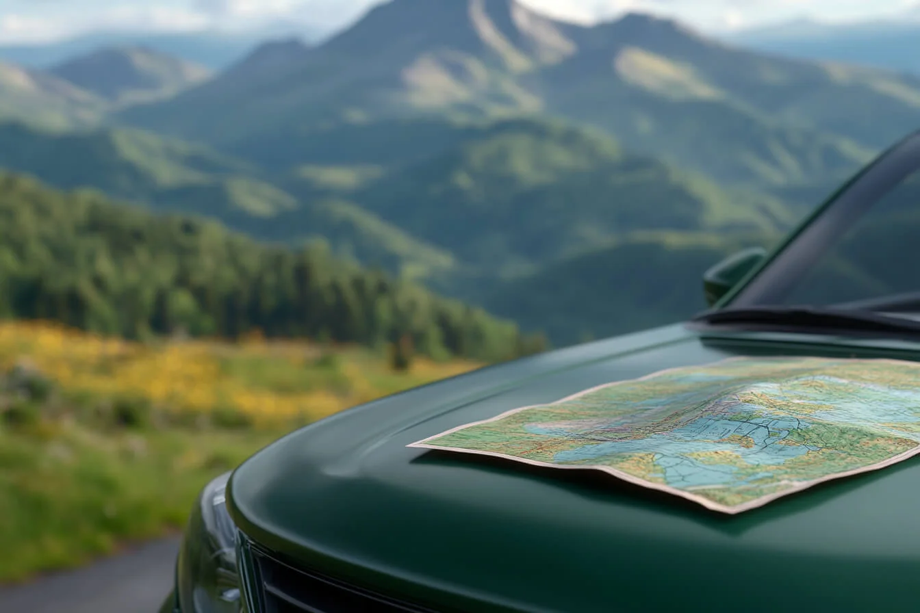 Harta pe capota masinii si peisaj rural
