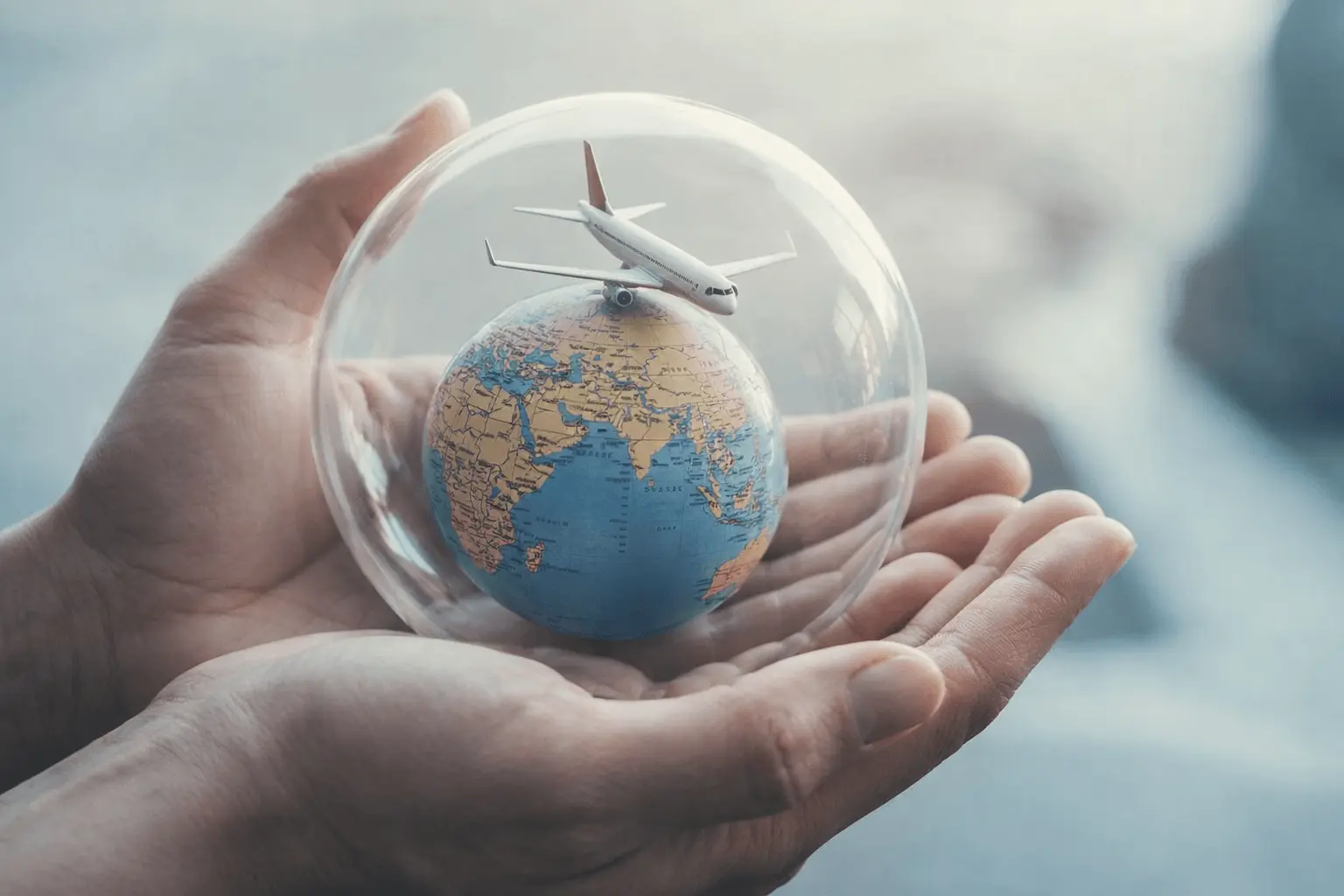 Mâini care susțin un glob pământesc cu un avion în miniatură protejat de un dom de sticlă