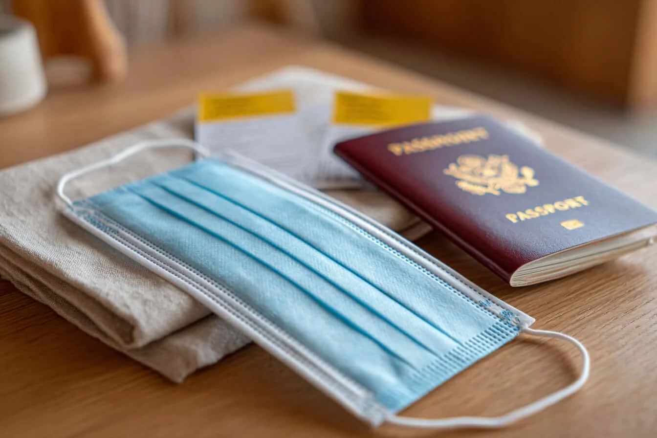 Masca medicala, pasaport si documente pe o masa de lemn