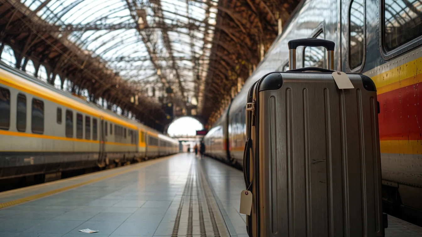 O valiză gri într-o stație de tren din Europa