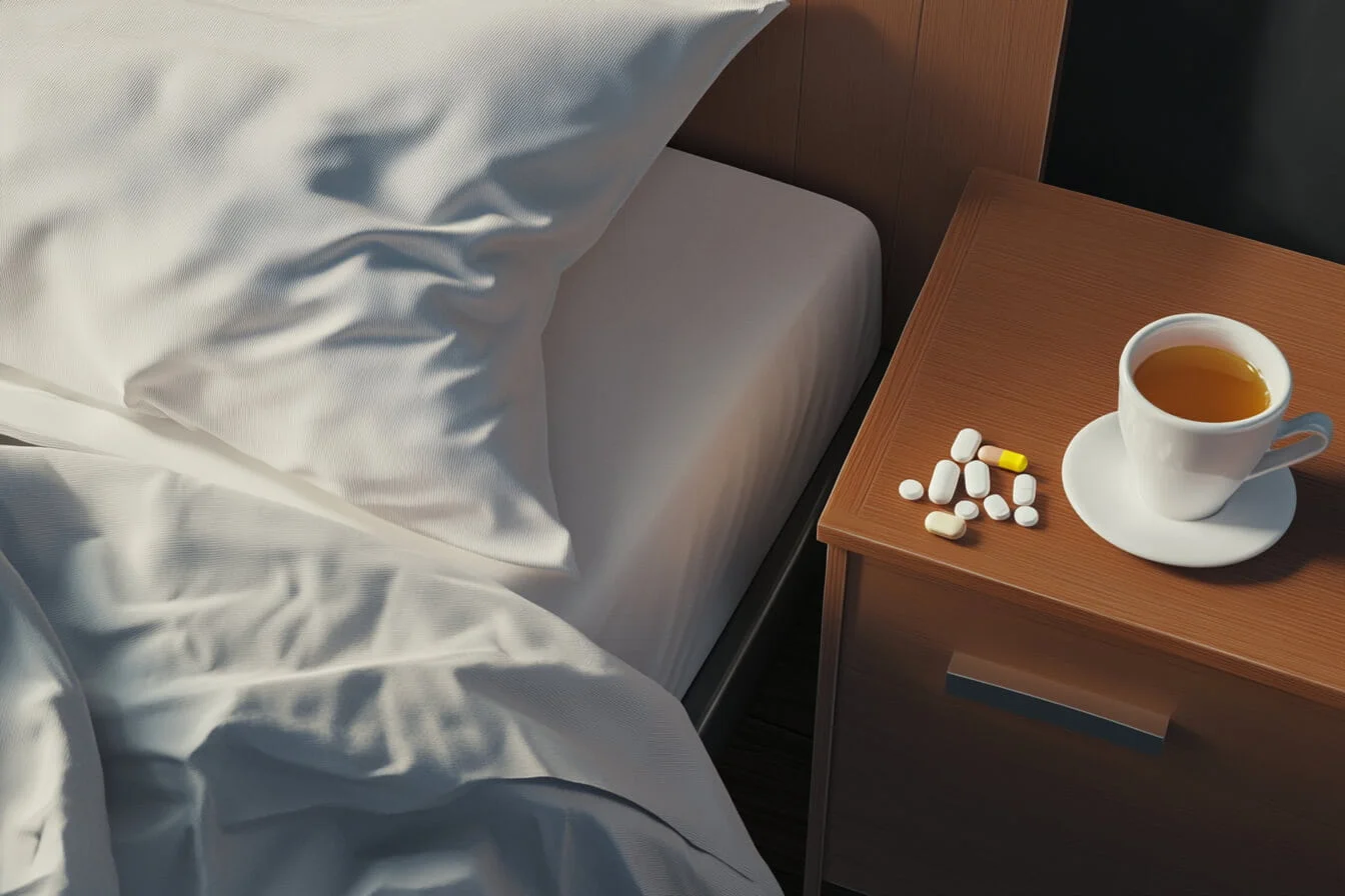 Pastile și ceai pe noptieră lângă un pat de hotel