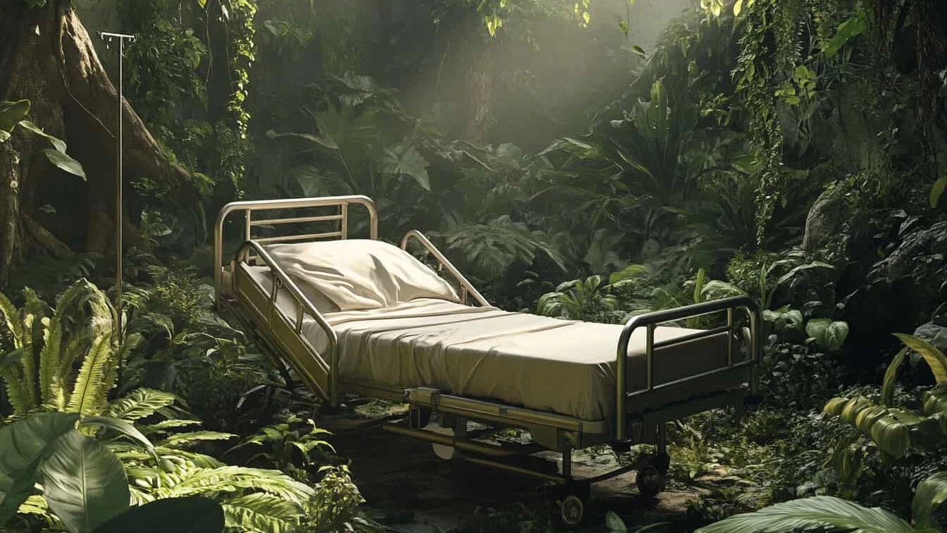 Pat de spital în mijlocul junglei tropicale