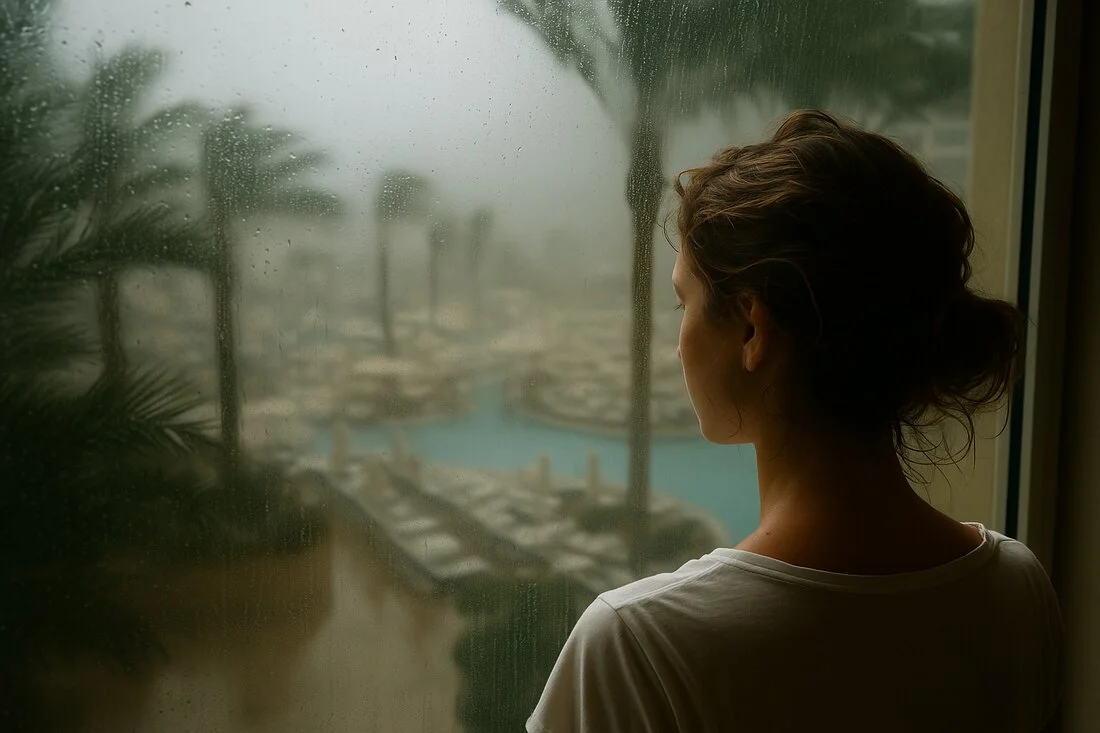 Persoana privind pe fereastra catre o zona cu palmieri si piscina pe ploaie
