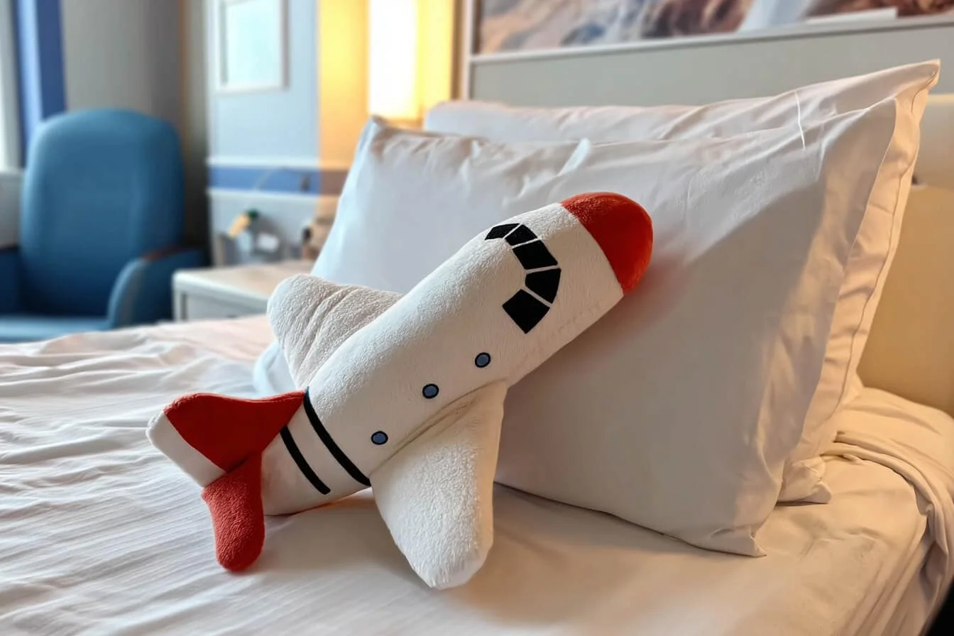 Pat de spital pe care sta un plus in forma de avion