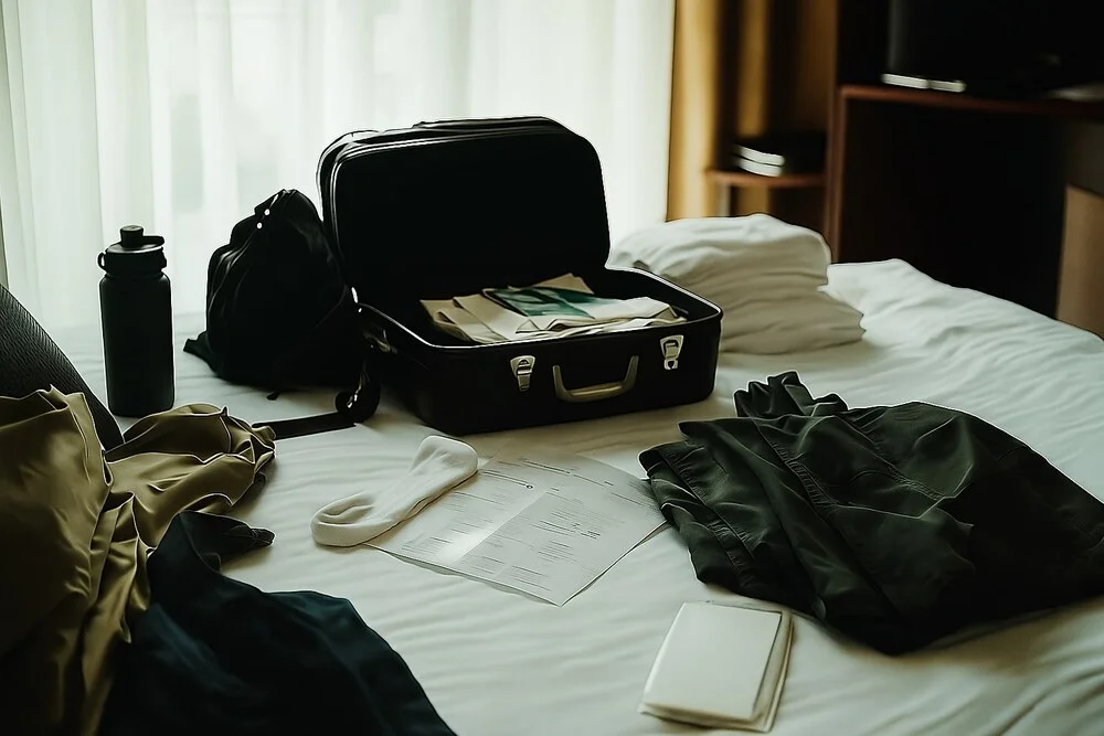 Un bagaj deschis cu obiecte langa el pentru a fi impachetate