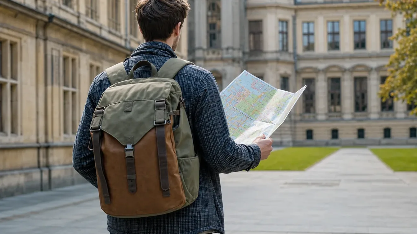 Student consultând harta campusului universitar european