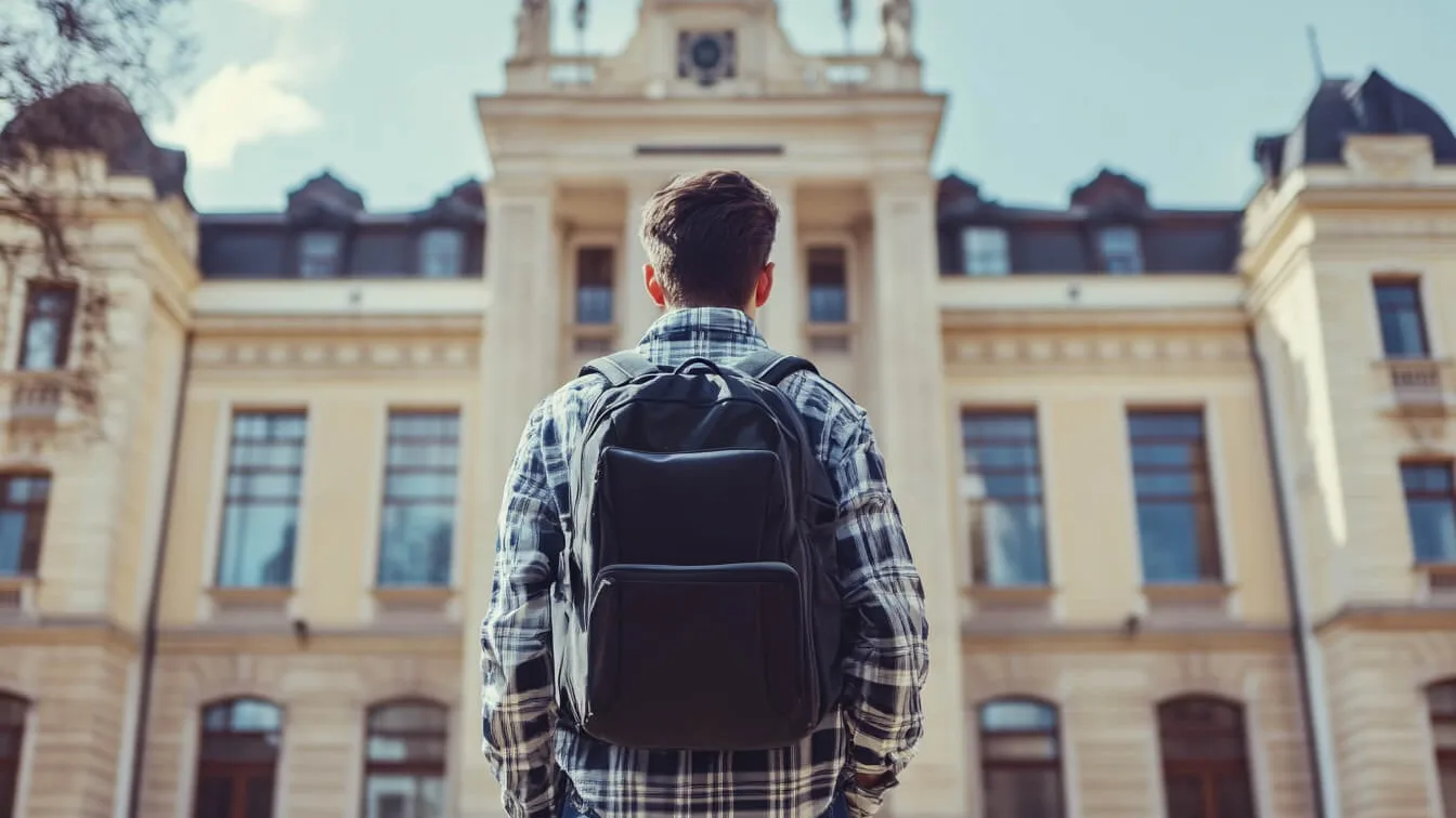 Student cu rucsac privind clădirea impunătoare a universității