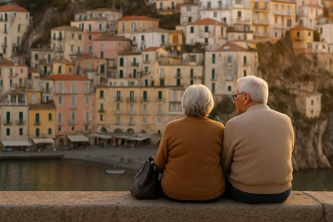Turisti seniori admirand peisajul