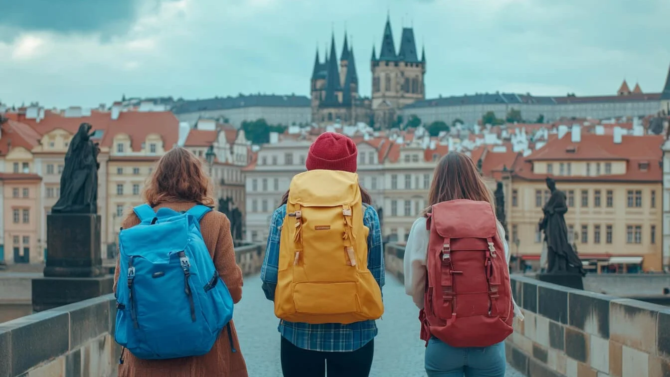 Un grup de trei turiști explorând una dintre atracțiile principale dintr-un oraș european