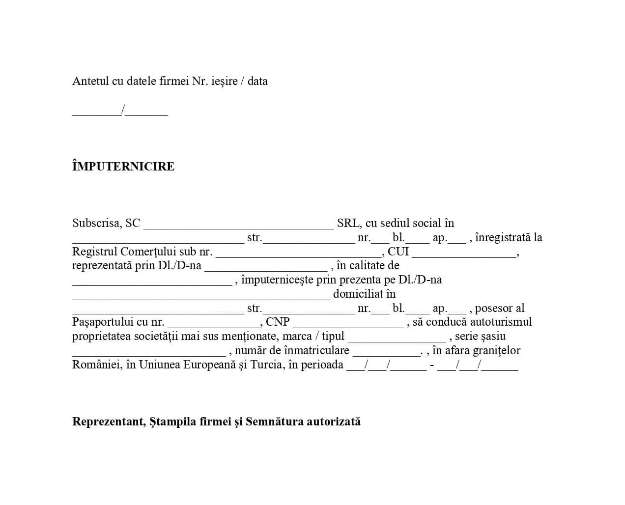 Model împuternicire auto